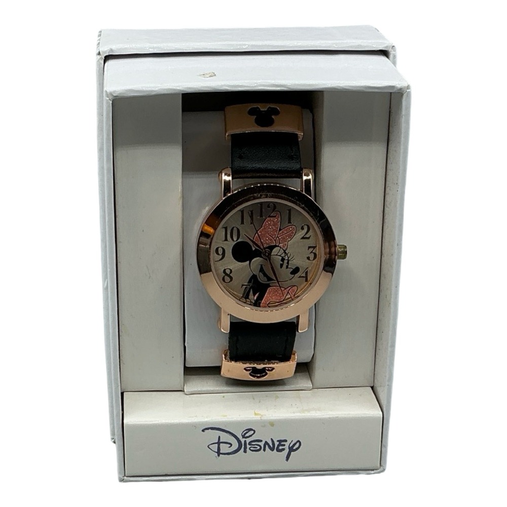 Disney Minnie Mouse Rose Gold Tone Watch Black Faux Leather Strap MINAQ16062 NEW